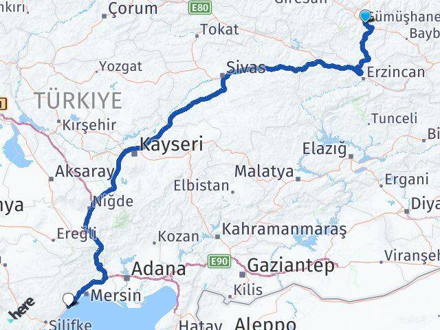 Gümüşhane Erdemli Mersin Arası Kaç Km - Yol Haritası