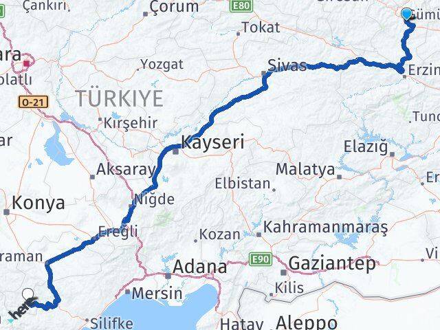 Gümüşhane Ermenek Karaman Arası Kaç Km - Yol Haritası