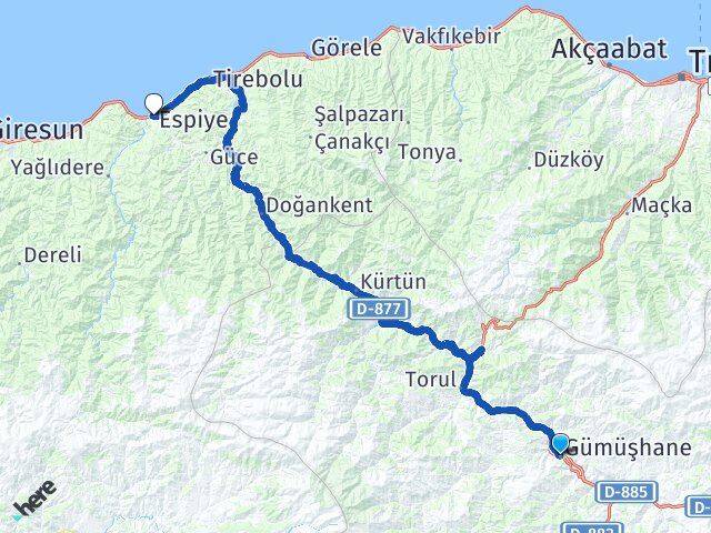 Gümüşhane Espiye Giresun Arası Kaç Km - Yol Haritası
