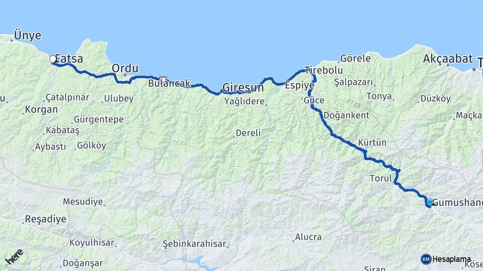 Gümüşhane Fatsa Ordu Arası Kaç Km - Yol Haritası