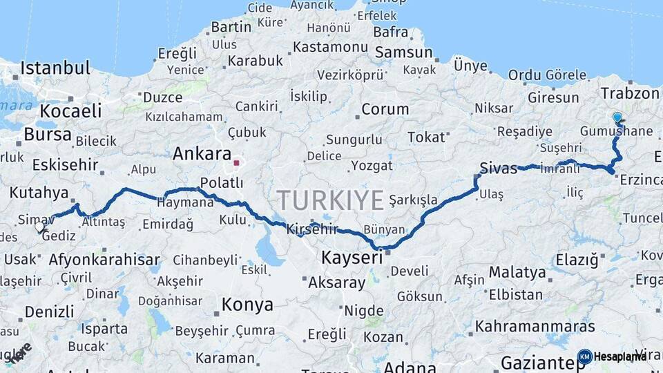 Gümüşhane Gediz Kütahya Arası Kaç Km - Yol Haritası