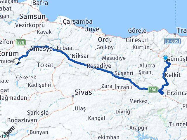 Gümüşhane Göynücek Amasya Arası Kaç Km - Yol Haritası