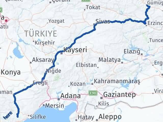 Gümüşhane Gülnar Mersin Arası Kaç Km - Yol Haritası