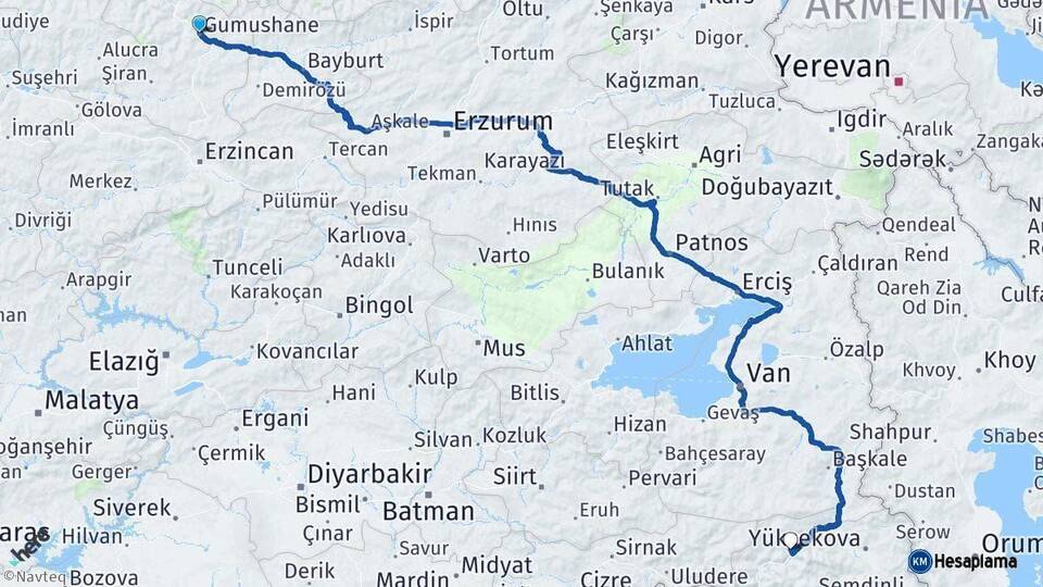 Gümüşhane Hakkari Arası Kaç Km - Yol Haritası