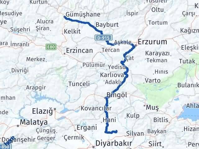 Gümüşhane Hazro Diyarbakır Arası Kaç Km - Yol Haritası