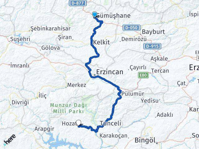 Gümüşhane Hozat Tunceli Arası Kaç Km - Yol Haritası