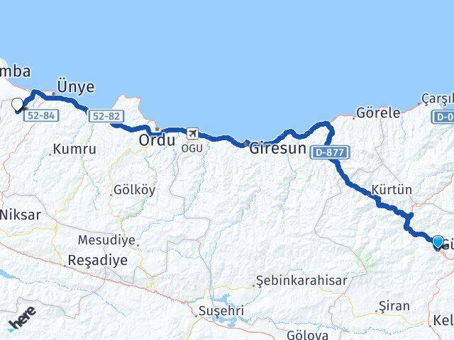 Gümüşhane İkizce Ordu Arası Kaç Km - Yol Haritası