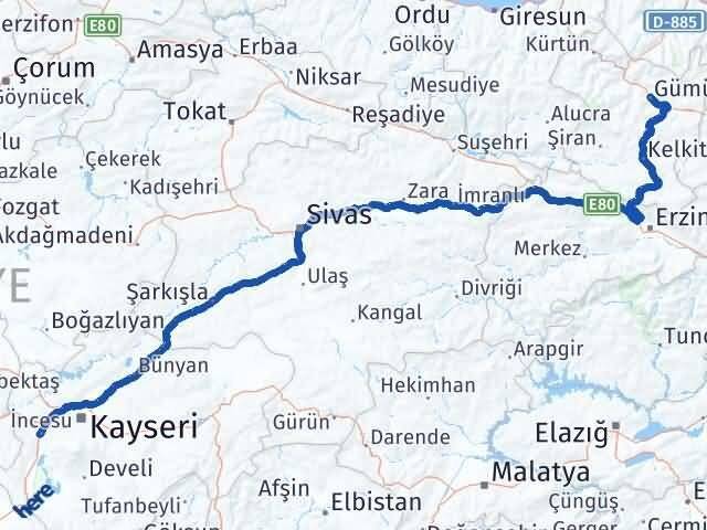 Gümüşhane İncesu Kayseri Arası Kaç Km - Yol Haritası