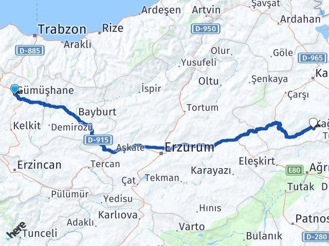 Gümüşhane Kağızman Kars Arası Kaç Km - Yol Haritası