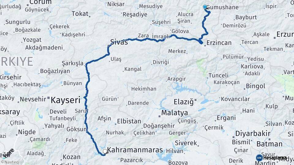 Gümüşhane Kahramanmaraş Arası Kaç Km - Yol Haritası
