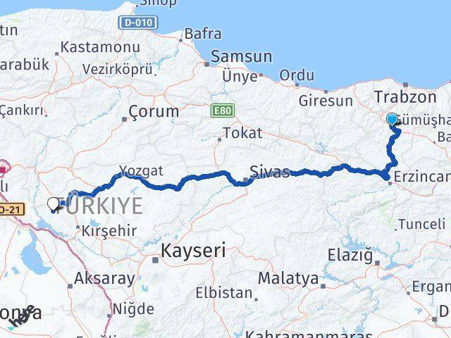 Gümüşhane Kaman Kırşehir Arası Kaç Km - Yol Haritası