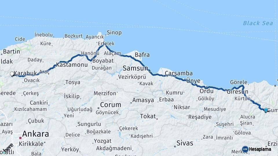 Gümüşhane Karabük Arası Kaç Km - Yol Haritası