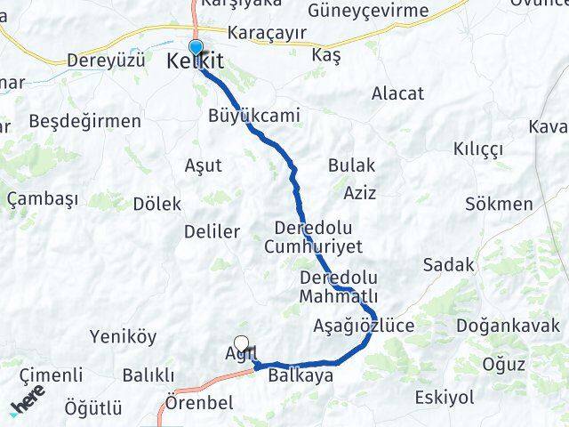 Gümüşhane Kelkit Ağıl Kelkit Arası Kaç Km - Yol Haritası