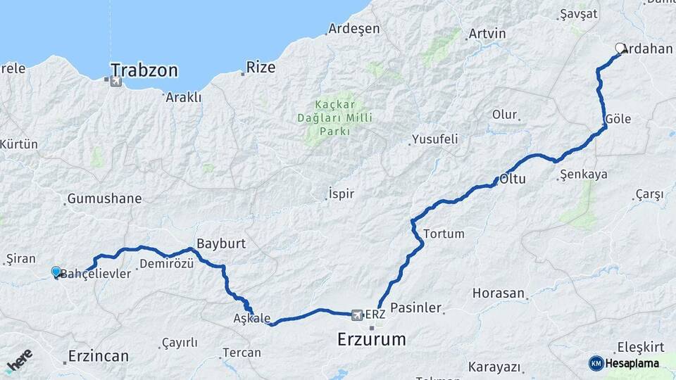 Gümüşhane Kelkit Ardahan Arası Kaç Km - Yol Haritası