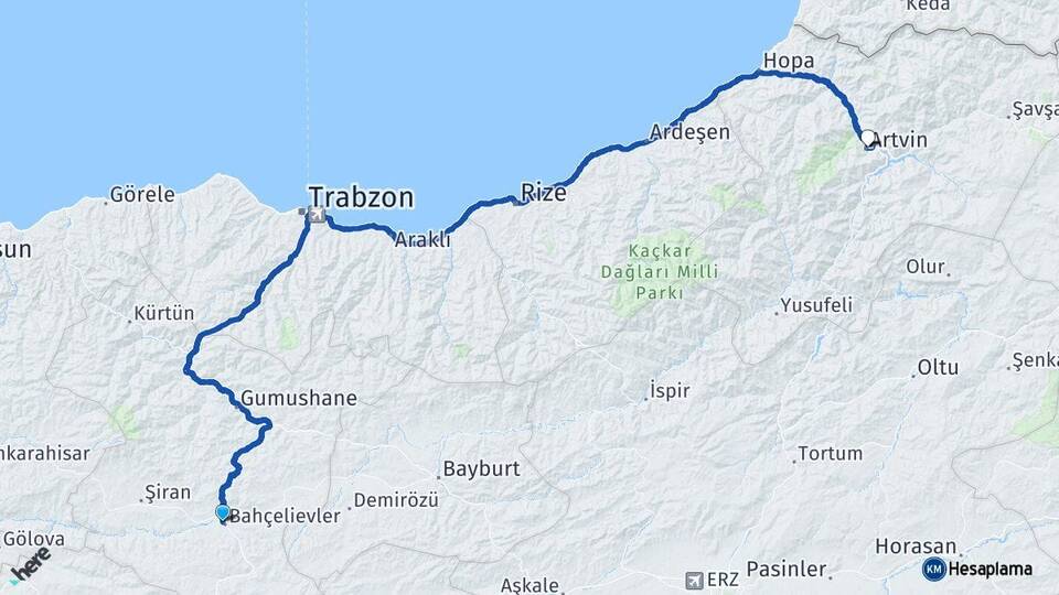 Gümüşhane Kelkit Artvin Arası Kaç Km - Yol Haritası
