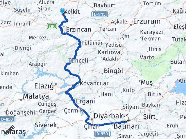 Gümüşhane Kelkit Batman Arası Kaç Km - Yol Haritası