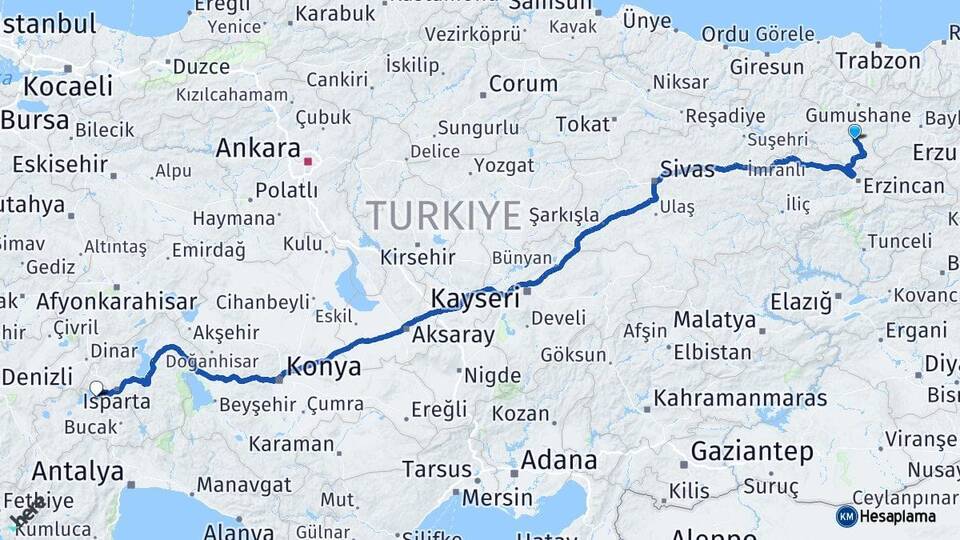 Gümüşhane Kelkit Burdur Arası Kaç Km - Yol Haritası