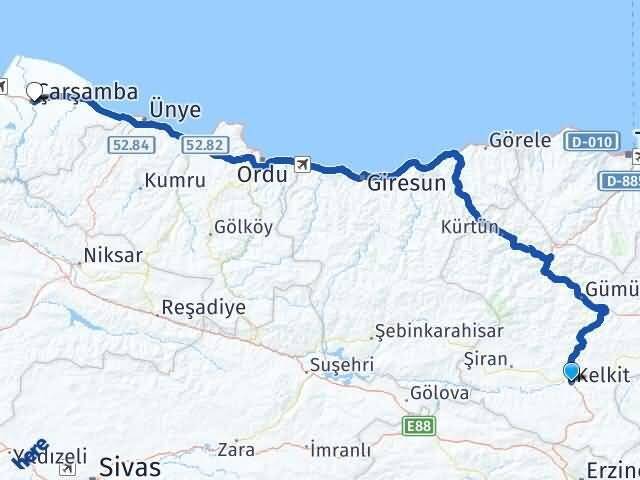 Gümüşhane Kelkit Çarşamba Samsun Arası Kaç Km - Yol Haritası
