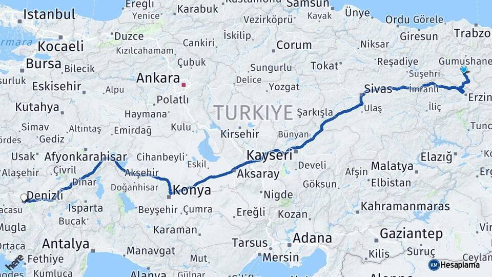 Gümüşhane Kelkit Denizli Arası Kaç Km - Yol Haritası