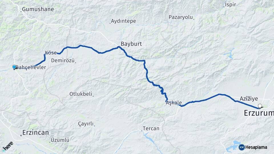 Gümüşhane Kelkit Erzurum Arası Kaç Km - Yol Haritası