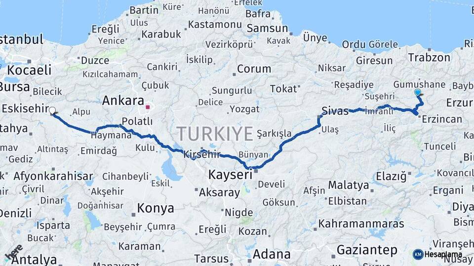 Gümüşhane Kelkit Eskişehir Arası Kaç Km - Yol Haritası