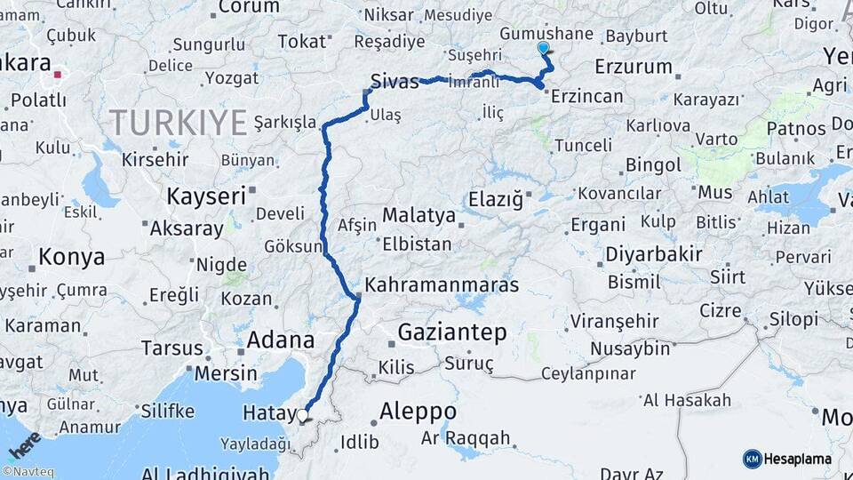 Gümüşhane Kelkit Hatay Arası Kaç Km - Yol Haritası