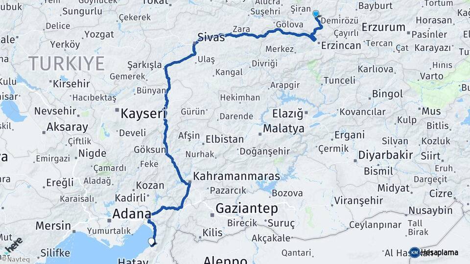 Gümüşhane Kelkit İskenderun Hatay Arası Kaç Km - Yol Haritası