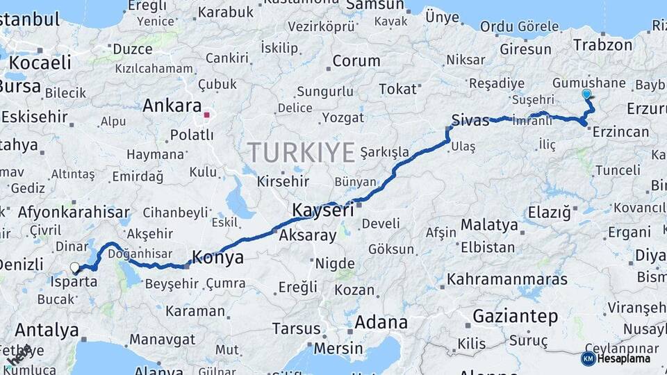 Gümüşhane Kelkit Isparta Arası Kaç Km - Yol Haritası