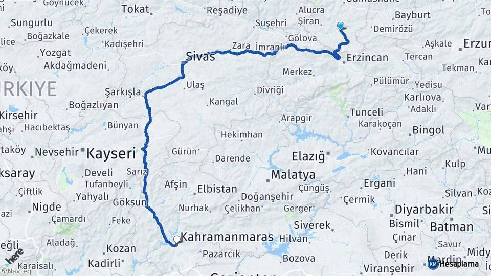 Gümüşhane Kelkit Kahramanmaraş Arası Kaç Km - Yol Haritası