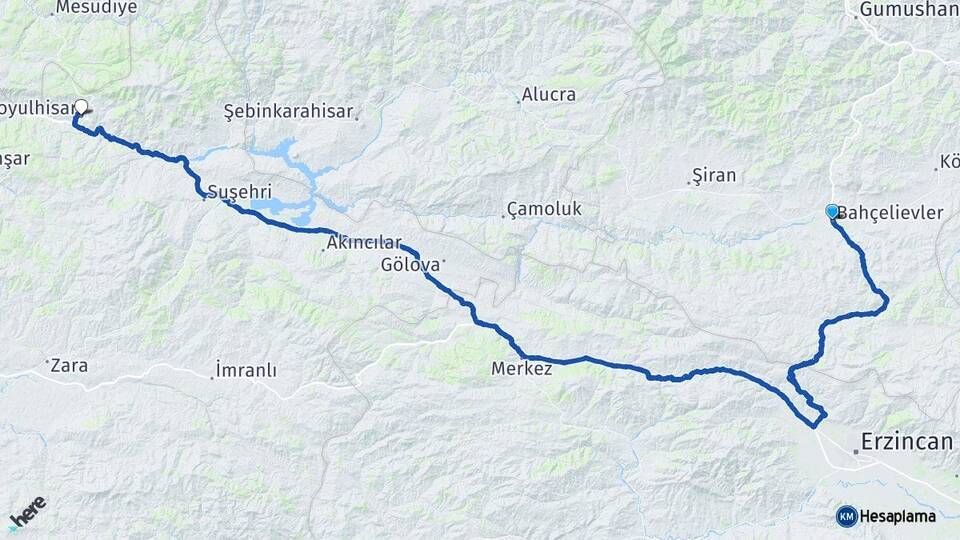 Gümüşhane Kelkit Koyulhisar Sivas Arası Kaç Km - Yol Haritası