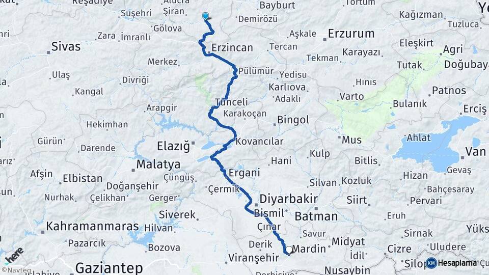 Gümüşhane Kelkit Mardin Arası Kaç Km - Yol Haritası