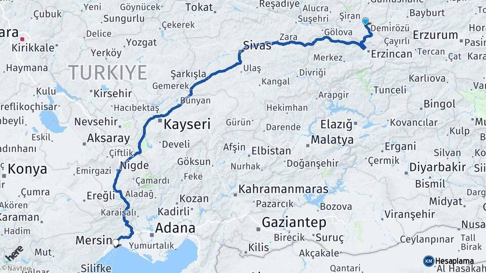 Gümüşhane Kelkit Mersin Arası Kaç Km - Yol Haritası