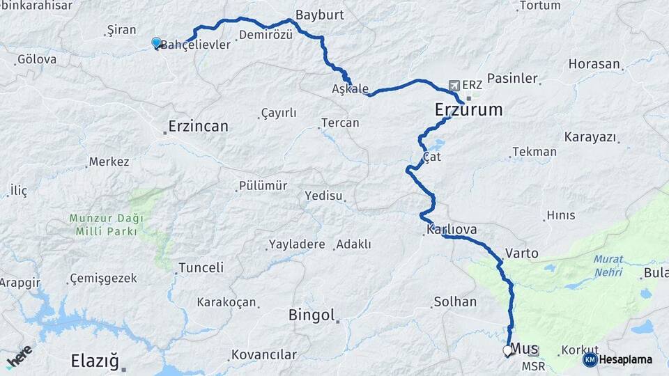 Gümüşhane Kelkit Muş Arası Kaç Km - Yol Haritası