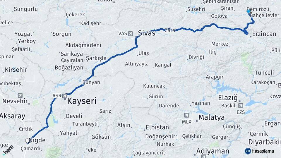 Gümüşhane Kelkit Niğde Arası Kaç Km - Yol Haritası