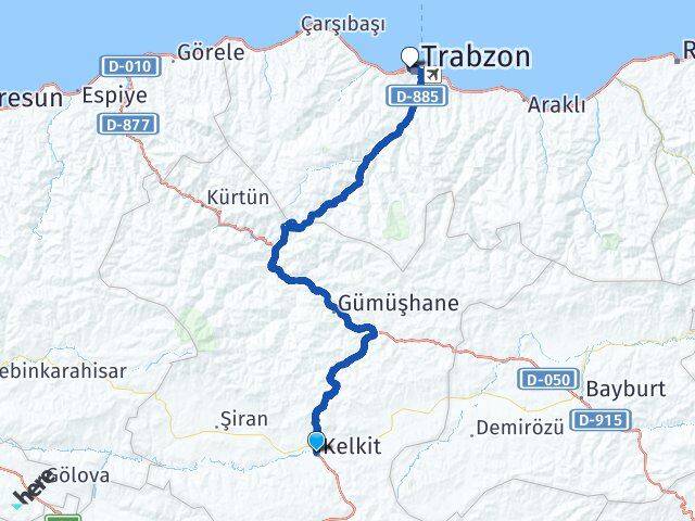 Gümüşhane Kelkit Ortahisar Trabzon Arası Kaç Km - Yol Haritası