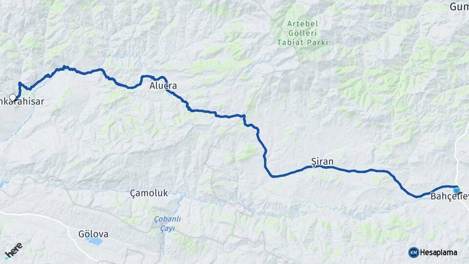 Gümüşhane Kelkit Şebinkarahisar Giresun Arası Kaç Km - Yol Haritası