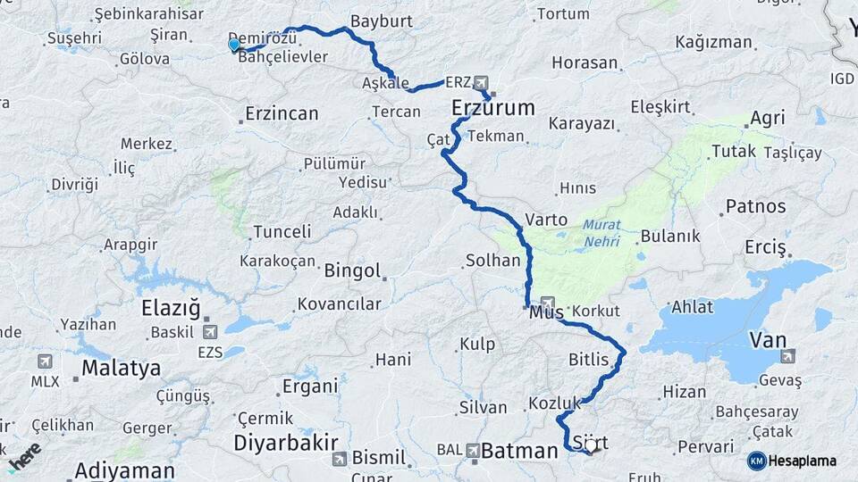 Gümüşhane Kelkit Siirt Arası Kaç Km - Yol Haritası