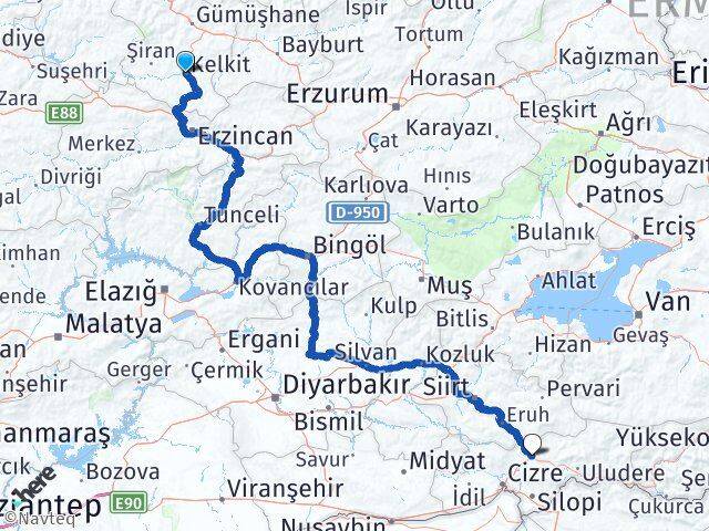 Gümüşhane Kelkit Şırnak Arası Kaç Km - Yol Haritası