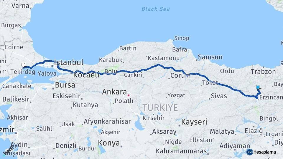 Gümüşhane Kelkit Tekirdağ Arası Kaç Km - Yol Haritası
