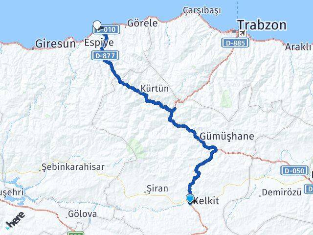 Gümüşhane Kelkit Tirebolu Giresun Arası Kaç Km - Yol Haritası