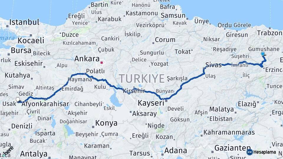 Gümüşhane Kelkit Uşak Arası Kaç Km - Yol Haritası