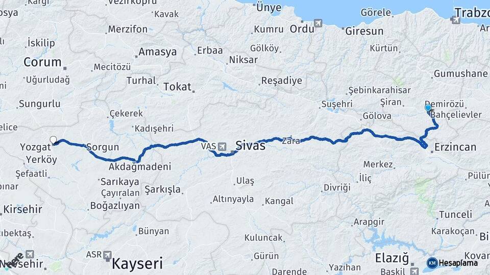 Gümüşhane Kelkit Yozgat Arası Kaç Km - Yol Haritası