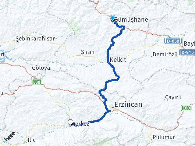 Gümüşhane Kemah Erzincan Arası Kaç Km - Yol Haritası