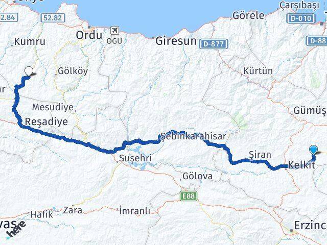 Gümüşhane Köse Aybastı Ordu Arası Kaç Km - Yol Haritası