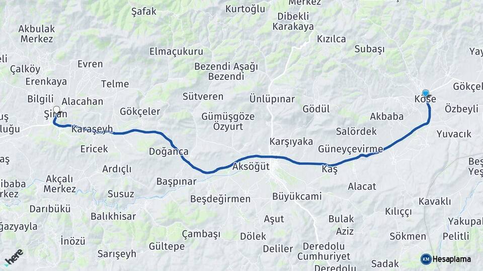 Gümüşhane Köse Şiran Arası Kaç Km - Yol Haritası