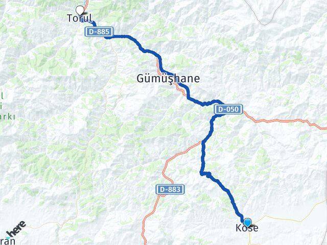 Gümüşhane Köse Torul Arası Kaç Km - Yol Haritası