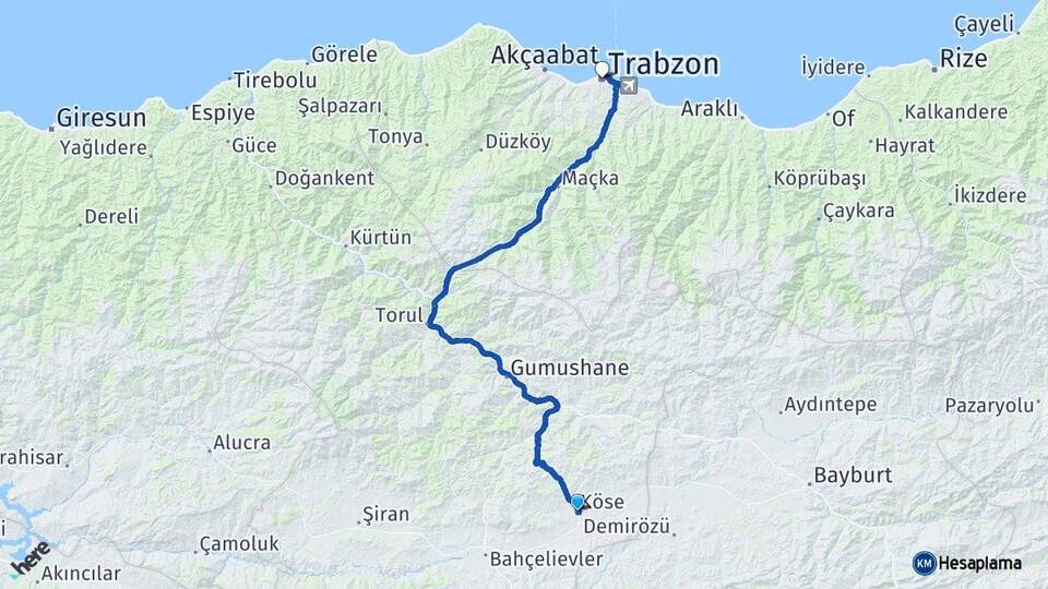 Gümüşhane Köse Trabzon Arası Kaç Km - Yol Haritası