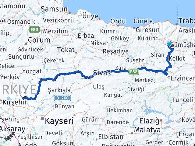 Gümüşhane Kozaklı Nevşehir Arası Kaç Km - Yol Haritası