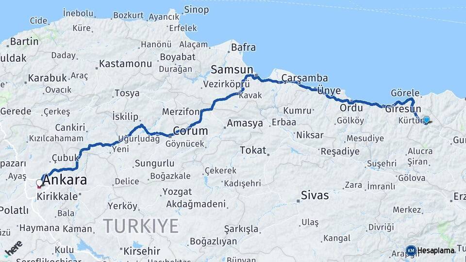 Gümüşhane Kürtün Ankara Arası Kaç Km - Yol Haritası
