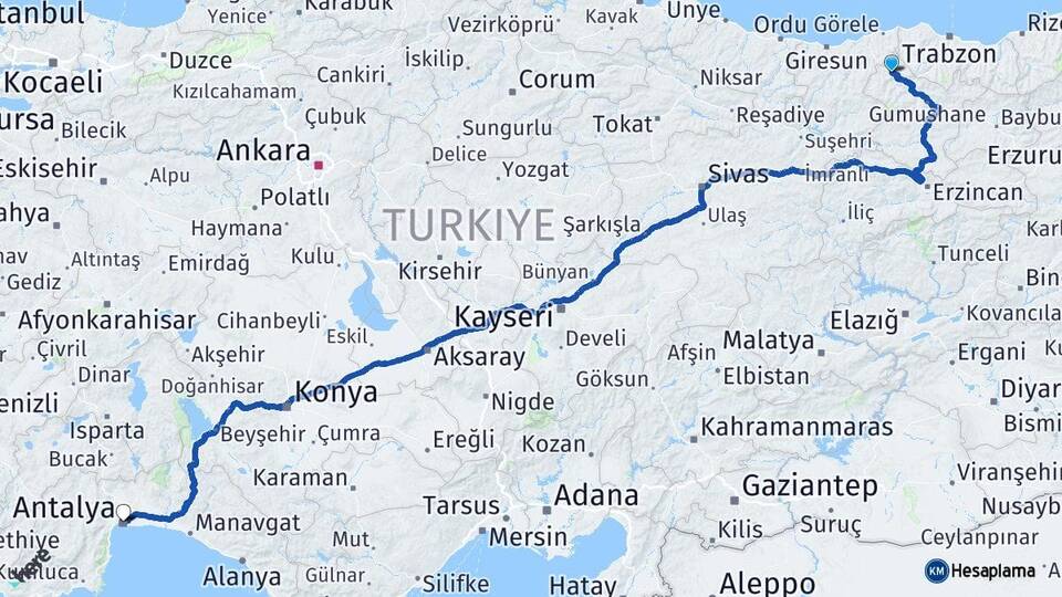 Gümüşhane Kürtün Antalya Arası Kaç Km - Yol Haritası
